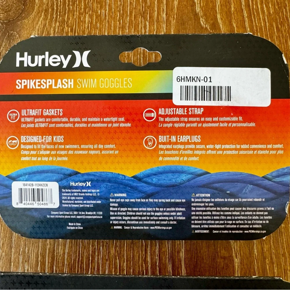1 set of 2 Hurley kids’ swim goggles, 1 blue, 1 orange